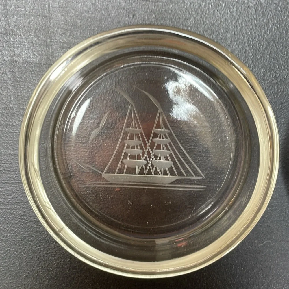 Set of 2 WILLIAMS SONOMA ETCHED SHIP Sails BAR GLASS DRINK COASTER BARWARE